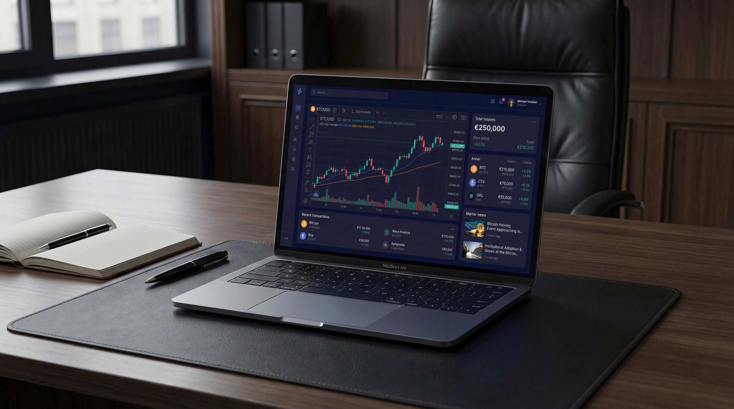 Interfaccia trading su MacBook in ambiente elegante