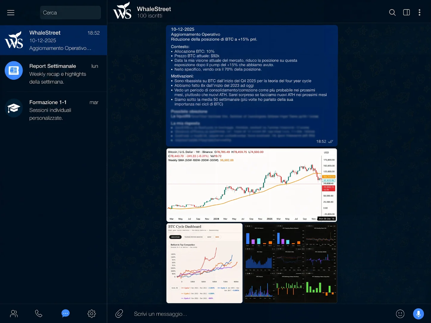 Esempio di canale Telegram Crypto Research con aggiornamento operativo e rubriche